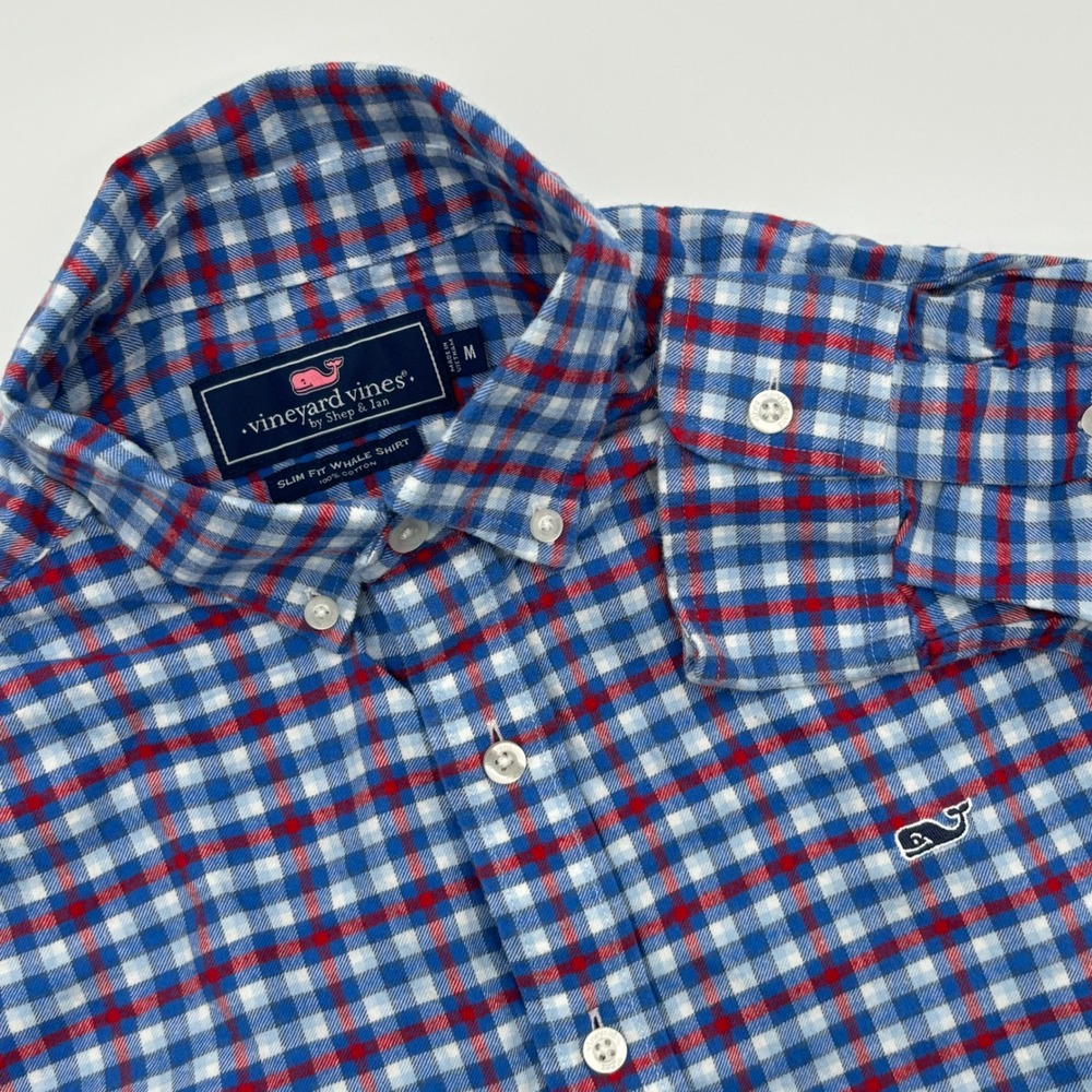 Vineyard Vines Mens Slim Fit Whale Shirt Medium Button Down Plaid Blue Red